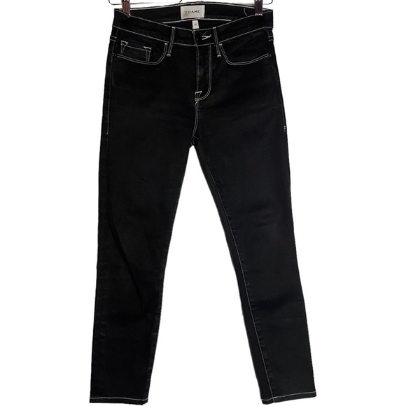 Frame Le Skinny De Jeanne Contrast Stitch Ankle Jeans Noir Black Coated 26 - Picture 1 of 15